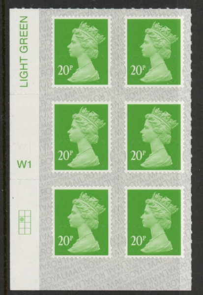 U2924 20p Green M20L Cyld. W1 grid position R2 C1 SBP s/L Walsall. U/M (MNH) U2924 20p Green M20L Cyld. W1 grid position R2 C1 SBP s/L Walsall. U/M (MNH)