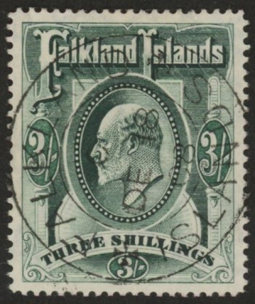 1904 Falkland Islands. SG.49 3/- green. fine used. 1904 Falkland Islands. SG.49 3/- green. fine used.