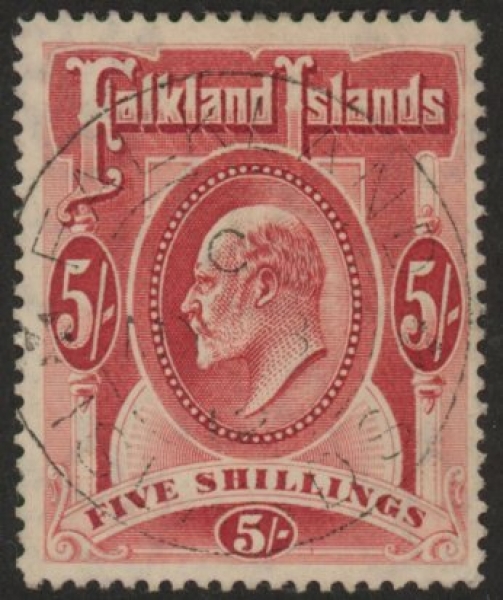 1904 Falkland Islands. SG.50 5/- red. fine used. 1904 Falkland Islands. SG.50 5/- red. fine used.