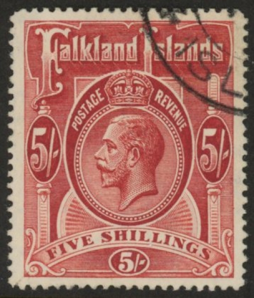 1912 Falkland Islands - SG.67 5/- deep rose-red. fine used. 1912 Falkland Islands - SG.67 5/- deep rose-red. fine used.