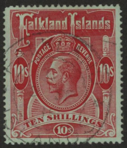 1914 Falkland Islands SG.68 10/- red/green. fine used. 1914 Falkland Islands SG.68 10/- red/green. fine used.