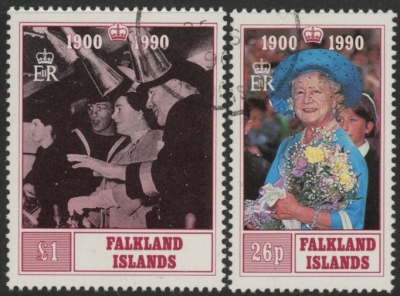 1990 Falkland Islands. SG.606-7 90th Birthday of Queen Elizabeth the Queen Mother. set 2 values. Used (CTO) 1990 Falkland Islands. SG.606-7 90th Birthday of Queen Elizabeth the Queen Mother. set 2 values. Used (CTO)