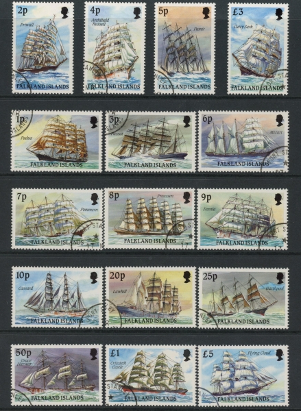 1989 Falkland Islands. SG.567-82 Cape Horn Sailing Ships set 16 values. Used (CTO) 1989 Falkland Islands. SG.567-82 Cape Horn Sailing Ships set 16 values. Used (CTO)