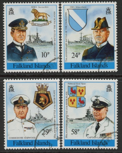 1989 Falkland Islands SG.593-6 75th Anniversary of The Battle of The Falklands. set 4 values. Used (CTO) 1989 Falkland Islands SG.593-6 75th Anniversary of The Battle of The Falklands. set 4 values. Used (CTO)
