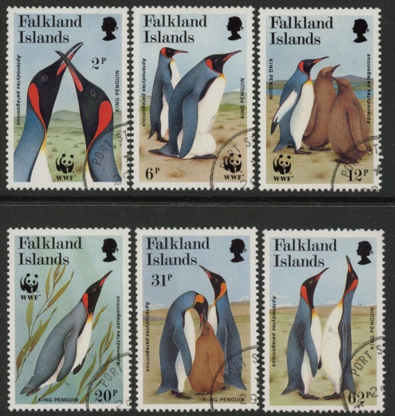1991 Falkland Islands. SG.633-8 Endangered Species - King Penguins. set 6 values.Used (CTO) 1991 Falkland Islands. SG.633-8 Endangered Species - King Penguins. set 6 values.Used (CTO)