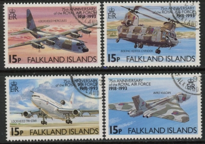 1993 Falkland Islands. SG.676-9 75th Anniversary of Royal Air Force. set 4 values. fine used. (CTO) 1993 Falkland Islands. SG.676-9 75th Anniversary of Royal Air Force. set 4 values. fine used. (CTO)