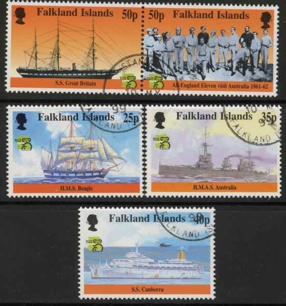 1999 Falkland Is. SG.832-6 Australia 99 World Stamp Expo. set 5 values. fine used. 1999 Falkland Is. SG.832-6 Australia 99 World Stamp Expo. set 5 values. fine used.