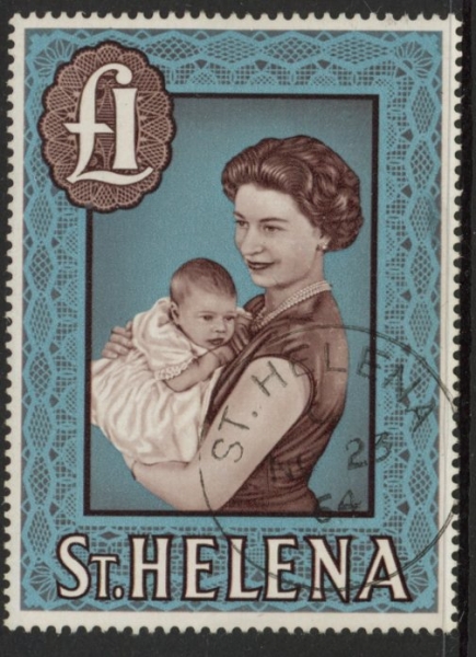 1961 St. Helena SG.189 £1 Chocolate & light blue used 1961 St. Helena SG.189 £1 Chocolate & light blue used