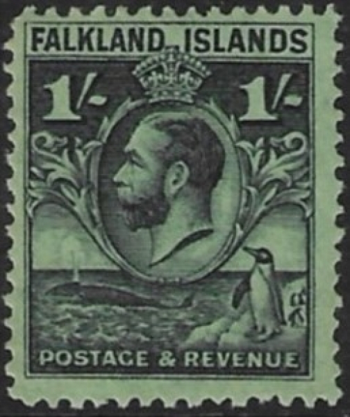 1929 Falkland Islands - SG.122a 1/- black/emerald. line perf. U/M (MNH) 1929 Falkland Islands - SG.122a 1/- black/emerald. line perf. U/M (MNH)