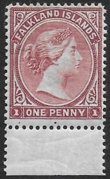 1887 Falkland Islands - SG.8 1d brownish claret crown CA sideways watermark. U/M (MNH) 1887 Falkland Islands - SG.8 1d brownish claret crown CA sideways watermark. U/M (MNH)