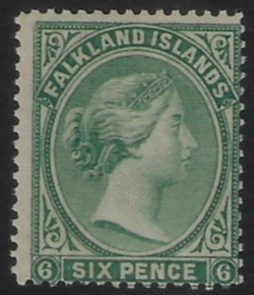 1878 Falkland Islands - SG.3 6d blue-green no watermark. U/M (MNH) 1878 Falkland Islands - SG.3 6d blue-green no watermark. U/M (MNH)