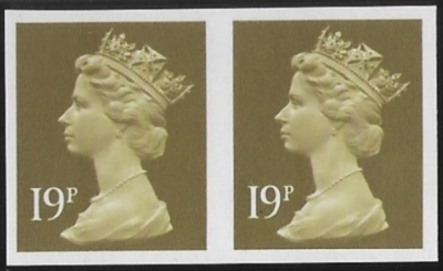 Y1682a 'IMPERF PAIR 19p CB bistre blue fluor. ex sheet Harrison U/M (MNH) Y1682a 'IMPERF PAIR 19p CB bistre blue fluor. ex sheet Harrison U/M (MNH)