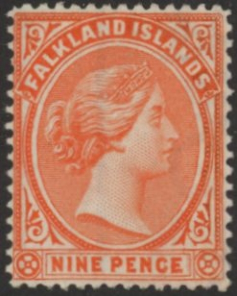 1895 Falkland Islands SG.35 9d pale reddish orange. Unmounted Mint 1895 Falkland Islands SG.35 9d pale reddish orange. Unmounted Mint