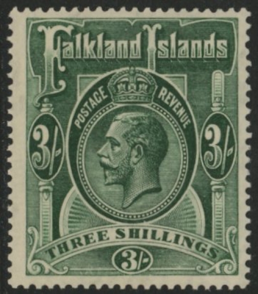 1912 Falkland Islands. SG.66 KGV. 3/- slate green. U/M (MNH) 1912 Falkland Islands. SG.66 KGV. 3/- slate green. U/M (MNH)