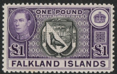 1938 Falkland Islands. SG.163 £1 black and violet. U/M (MNH) 1938 Falkland Islands. SG.163 £1 black and violet. U/M (MNH)