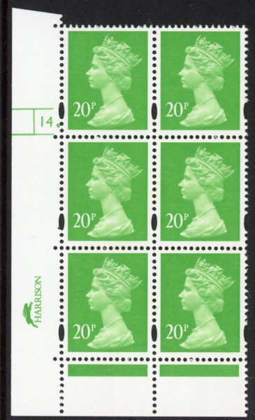 Y1685 (U273) 20p CB brt. green. Harrison Cyl.14 dot. phos 41 blue fluor. PVA (whiter than 272) U/M (MNH) Y1685 (U273) 20p CB brt. green. Harrison Cyl.14 dot. phos 41 blue fluor. PVA (whiter than 272) U/M (MNH)