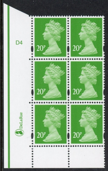 Y1687 (U277C) 20p bright green. DLR. PVA cream. Cyld. D4 phos D1 no dot. blue fluor U/M (MNH) Y1687 (U277C) 20p bright green. DLR. PVA cream. Cyld. D4 phos D1 no dot. blue fluor U/M (MNH)
