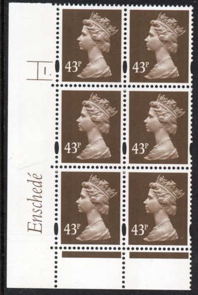 Y1716 (U401) 43p deep olive-brown 2B Enschede. 2mm VB. Cyl. 1 dot. blue fluor U/M (MNH) Y1716 (U401) 43p deep olive-brown 2B Enschede. 2mm VB. Cyl. 1 dot. blue fluor U/M (MNH)