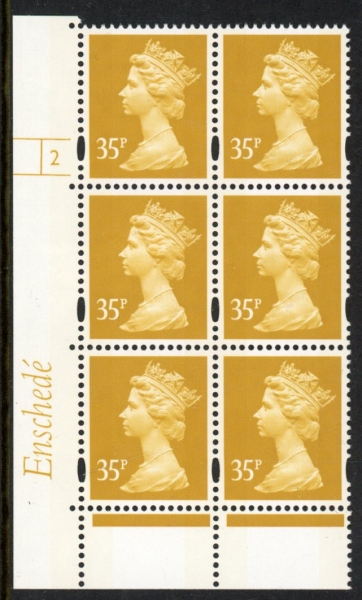 Y1698 (U349) 35p yellow 2B Enschede Cyl. 2 no dot blue fluor perf RE 2mm varnished bands.U/M (MNH) Y1698 (U349) 35p yellow 2B Enschede Cyl. 2 no dot blue fluor perf RE 2mm varnished bands.U/M (MNH)