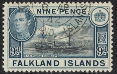 1938 Falkland Islands. SG.157 9d. black & grey-blue fine used. 1938 Falkland Islands. SG.157 9d. black & grey-blue fine used.