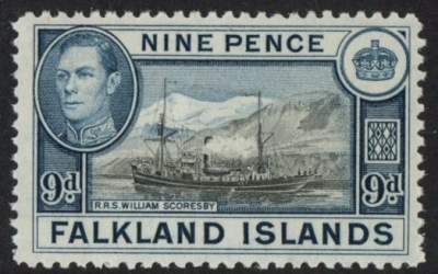 1938 Falkland Islands. SG.157 9d black and grey-blue. U/M (MNH) 1938 Falkland Islands. SG.157 9d black and grey-blue. U/M (MNH)