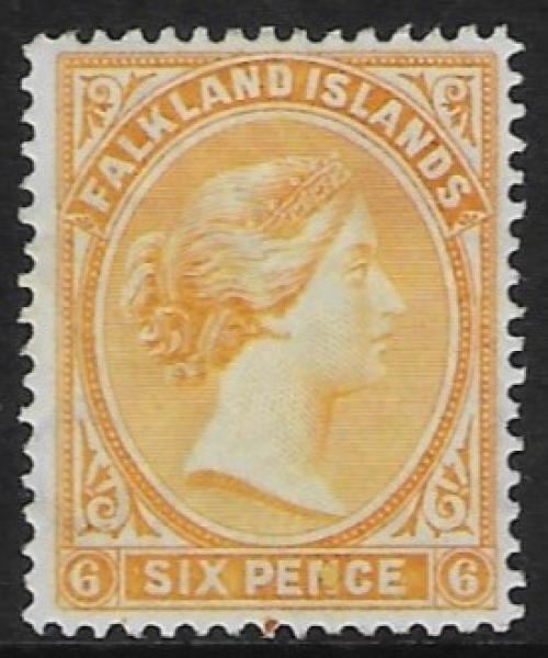 1896 Falkland Islands SG.34 6d yellow wmk Crown CA. U/M (MNH) 1896 Falkland Islands SG.34 6d yellow wmk Crown CA. U/M (MNH)