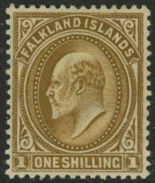 1904 Falkland Islands SG.48 1/- brown U/M (MNH). 1904 Falkland Islands SG.48 1/- brown U/M (MNH).