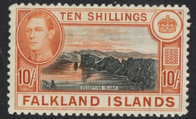 1938 Falkland Islands - SG.162 10/- black & orange-brown. very lightly mounted mint. 1938 Falkland Islands - SG.162 10/- black & orange-brown. very lightly mounted mint.