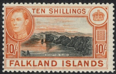 1938 Falkland Islands SG.162 10/- black and orange-brown. U/M (MNH) 1938 Falkland Islands SG.162 10/- black and orange-brown. U/M (MNH)