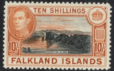 1938 Falkland Islands. SG.162 10/- black and orange-brown very lightly mounted mint (VLM) 1938 Falkland Islands. SG.162 10/- black and orange-brown very lightly mounted mint (VLM)