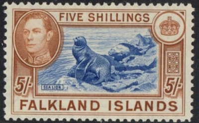 1938 Falkland Islands SG.161 5/- blue & chestnut. lightly mounted mint. 1938 Falkland Islands SG.161 5/- blue & chestnut. lightly mounted mint.