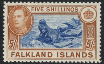 1938 Falkland Islands SG.161 5/- blue and chestnut. U/M (MNH) 1938 Falkland Islands SG.161 5/- blue and chestnut. U/M (MNH)