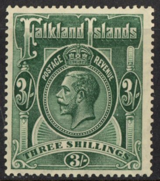 1923 Falkland Islands - SG.80 3/- slate green. Wmk Script CA U/M (MNH). 1923 Falkland Islands - SG.80 3/- slate green. Wmk Script CA U/M (MNH).
