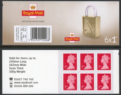 MB18a 6 x 1st brt. scarlet 'Padlock on Cover ' code MSIL M20L SBP L/s. ISP Walsall. MB18a 6 x 1st brt. scarlet 'Padlock on Cover ' code MSIL M20L SBP L/s. ISP Walsall.