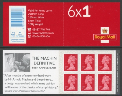 MB19 6 x 1st brt. scarlet. Arnold Machin 50th Anniv. code MSIL M17L SBP all upright. ISP Walsall. MB19 6 x 1st brt. scarlet. Arnold Machin 50th Anniv. code MSIL M17L SBP all upright. ISP Walsall.