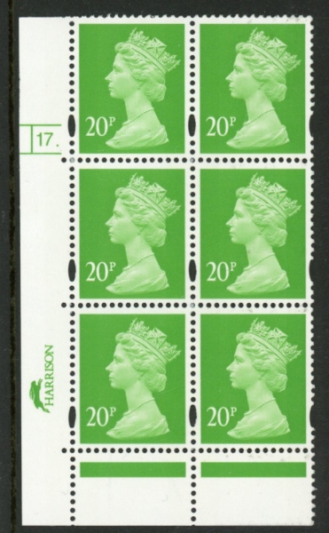 Y1687 (U277) 20p 2B bright green Harrison/DLR Cyl.17 perf RE dot phos 45 blue fluor. U/M (MNH) Y1687 (U277) 20p 2B bright green Harrison/DLR Cyl.17 perf RE dot phos 45 blue fluor. U/M (MNH)