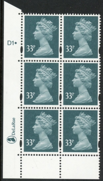 Y1696 (U335) 33p grey-green 2B DLR Cyl. D1 dot phos D1 LF gum blue fluor perf RE U/M (MNH) Y1696 (U335) 33p grey-green 2B DLR Cyl. D1 dot phos D1 LF gum blue fluor perf RE U/M (MNH)