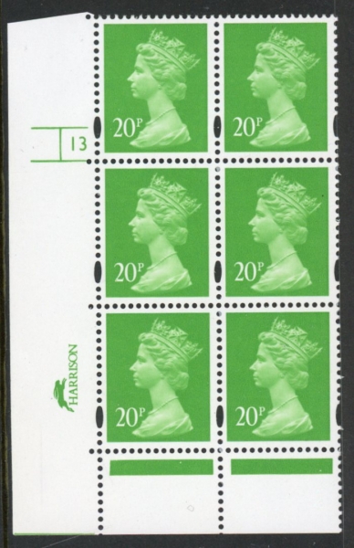 Y1685 (U272) 20p bright green CB Cyld. 13 no dot phos 41 blue fluor. U/M (MNH) Y1685 (U272) 20p bright green CB Cyld. 13 no dot phos 41 blue fluor. U/M (MNH)