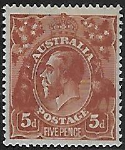 1914 Australia SG.23b 5d chestnut (ASC123A) perf 14¼ x 14 comb. very lightly mounted mint. 1914 Australia SG.23b 5d chestnut (ASC123A) perf 14¼ x 14 comb. very lightly mounted mint.