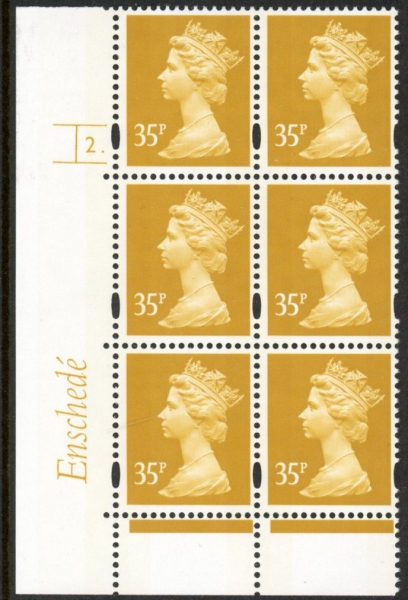 Y1698 (U349) 35p yellow 2B Enschede Cyl. 2 dot blue fluor perf RE 2mm varnished bands.U/M (MNH) Y1698 (U349) 35p yellow 2B Enschede Cyl. 2 dot blue fluor perf RE 2mm varnished bands.U/M (MNH)