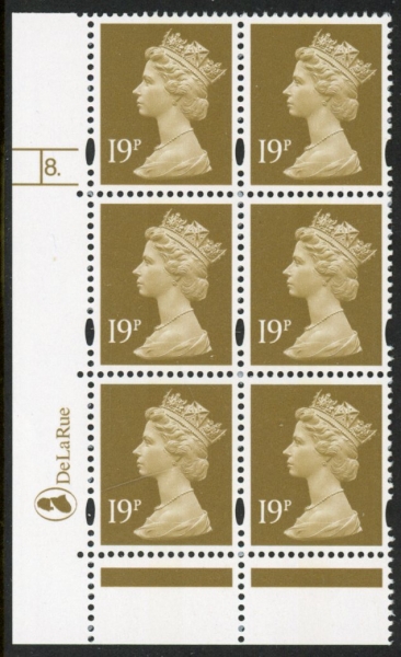 Y1682 (U263c) 19p bistre CB DLR Cyl. 8 dot phos 46 blue fluor perf RE U/M (MNH) Y1682 (U263c) 19p bistre CB DLR Cyl. 8 dot phos 46 blue fluor perf RE U/M (MNH)