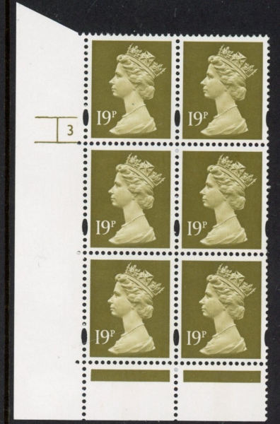 Y1682 (U263A) 19p CB bistre Harrison Cyl.3 perf RE no dot phos 41 yellow fluor. U/M (MNH) Y1682 (U263A) 19p CB bistre Harrison Cyl.3 perf RE no dot phos 41 yellow fluor. U/M (MNH)