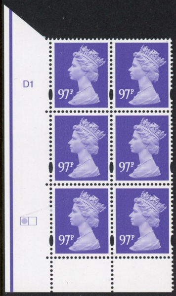 Y1742 (-) 97p bluish violet DLR cyld. D1 no dot. (left grid) phos D1 blue fluor. U/M (MNH) Y1742 (-) 97p bluish violet DLR cyld. D1 no dot. (left grid) phos D1 blue fluor. U/M (MNH)