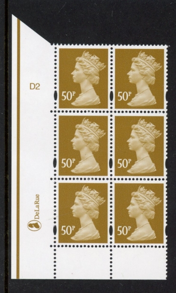Y1726 (U436) 50p ochre DLR Cyld. D2 no dot Phos D1 blue fluor. U/M (MNH) Y1726 (U436) 50p ochre DLR Cyld. D2 no dot Phos D1 blue fluor. U/M (MNH)