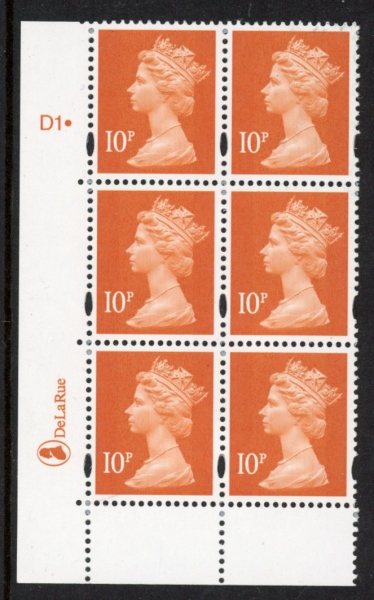 Y1676 (U195E) 10p dull orange 2B DLR Cyl. D1 dot phos D1 blue fluor perf RE PVA bluish. U/M (MNH) Y1676 (U195E) 10p dull orange 2B DLR Cyl. D1 dot phos D1 blue fluor perf RE PVA bluish. U/M (MNH)