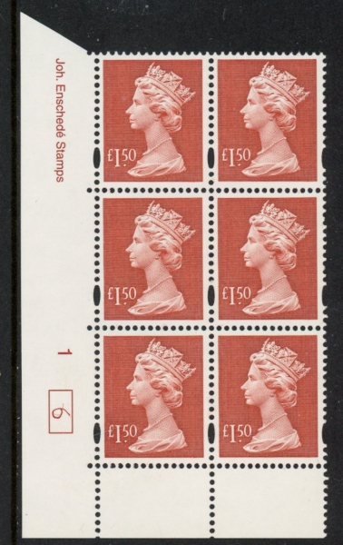 Y1800 (UC14) Enschéde £1.50 red Cyld. 1 no dot (6) U/M (MNH) Y1800 (UC14) Enschéde £1.50 red Cyld. 1 no dot (6) U/M (MNH)
