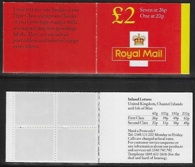 1998 FW9b £2.00 red cover 7x26p, 1x20p - no overseas rates table. Litho Questa. U/M (MNH) 1998 FW9b £2.00 red cover 7x26p, 1x20p - no overseas rates table. Litho Questa. U/M (MNH)