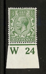 King George V 1/2d green Control W24