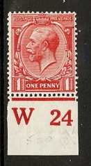 King George V 1d red control W24