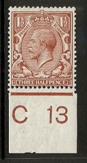 King George V 1 1/2d red brown control C13 King George V 1 1/2d red brown control C13